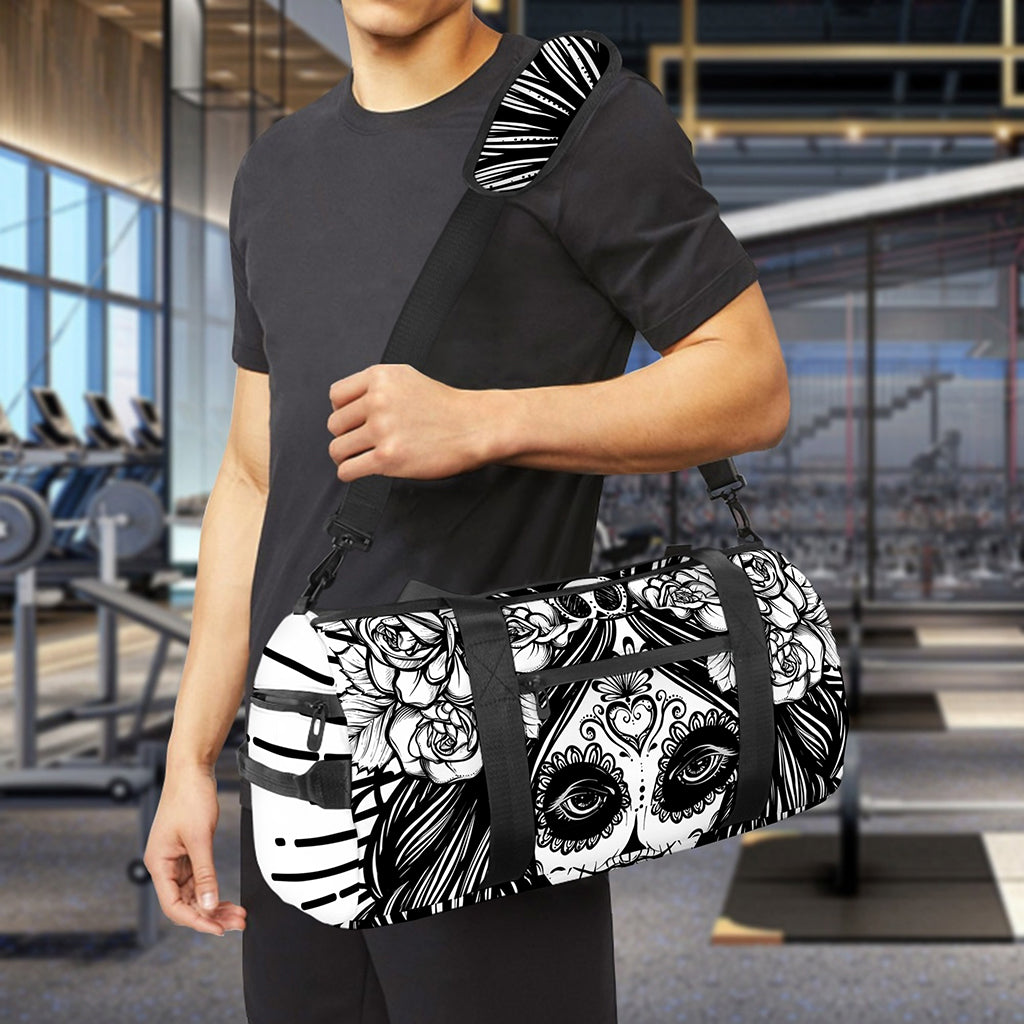 Black And White Calavera Girl Print Gym Bag