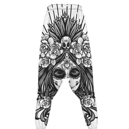 Black And White Calavera Girl Print Hammer Pants