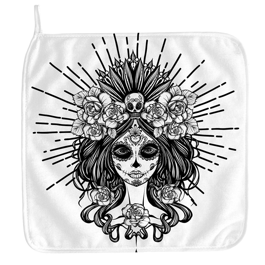 Black And White Calavera Girl Print Hand Towel