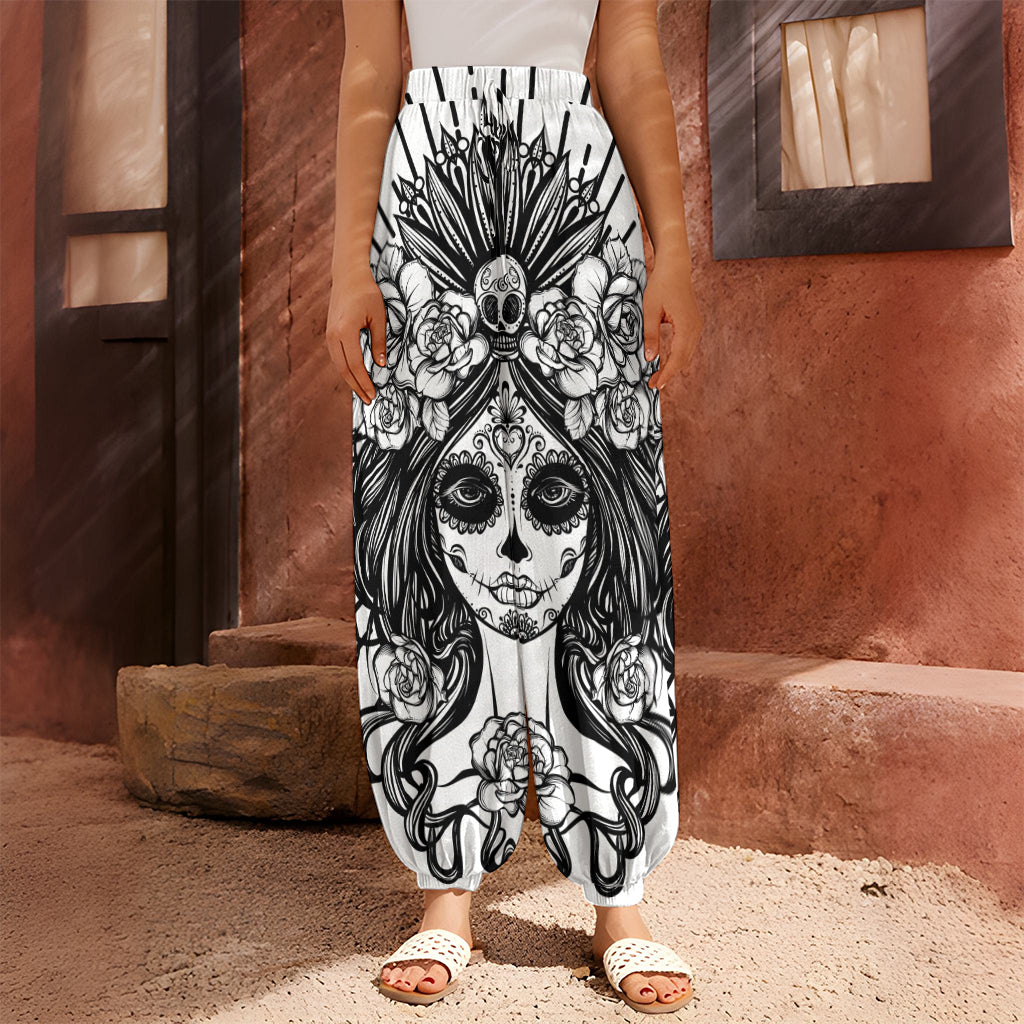 Black And White Calavera Girl Print Harem Pants