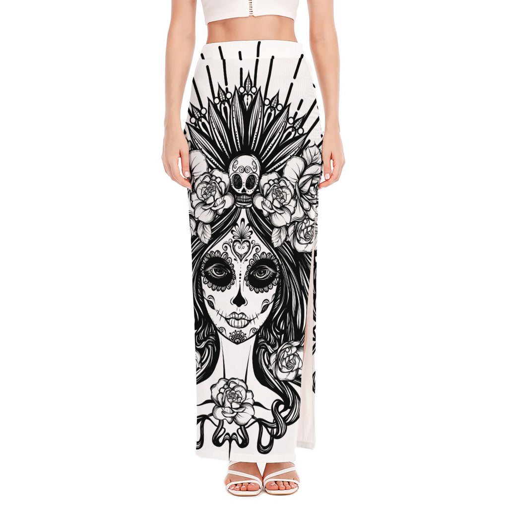 Black And White Calavera Girl Print High Slit Maxi Skirt