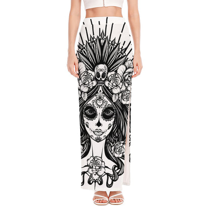 Black And White Calavera Girl Print High Slit Maxi Skirt
