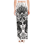 Black And White Calavera Girl Print High Slit Maxi Skirt