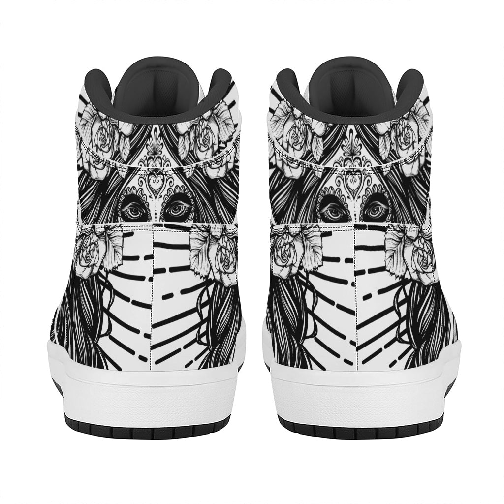 Black And White Calavera Girl Print High Top Leather Sneakers