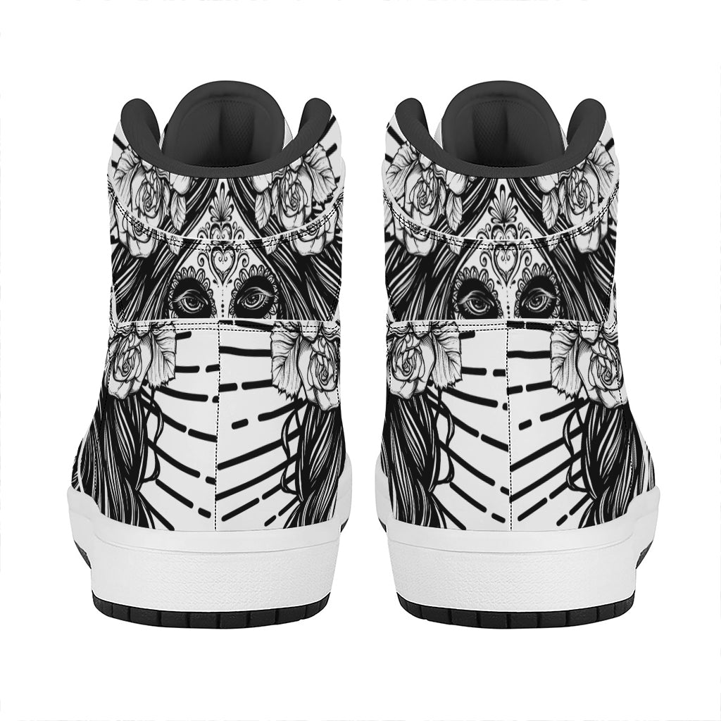 Black And White Calavera Girl Print High Top Leather Sneakers