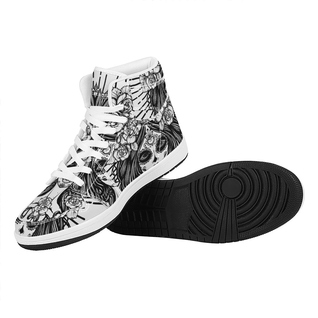 Black And White Calavera Girl Print High Top Leather Sneakers