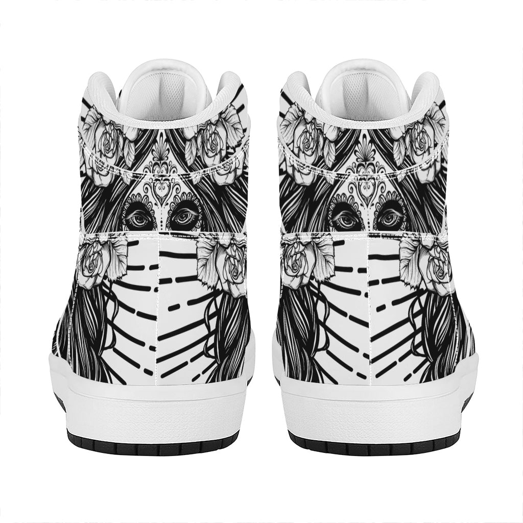 Black And White Calavera Girl Print High Top Leather Sneakers