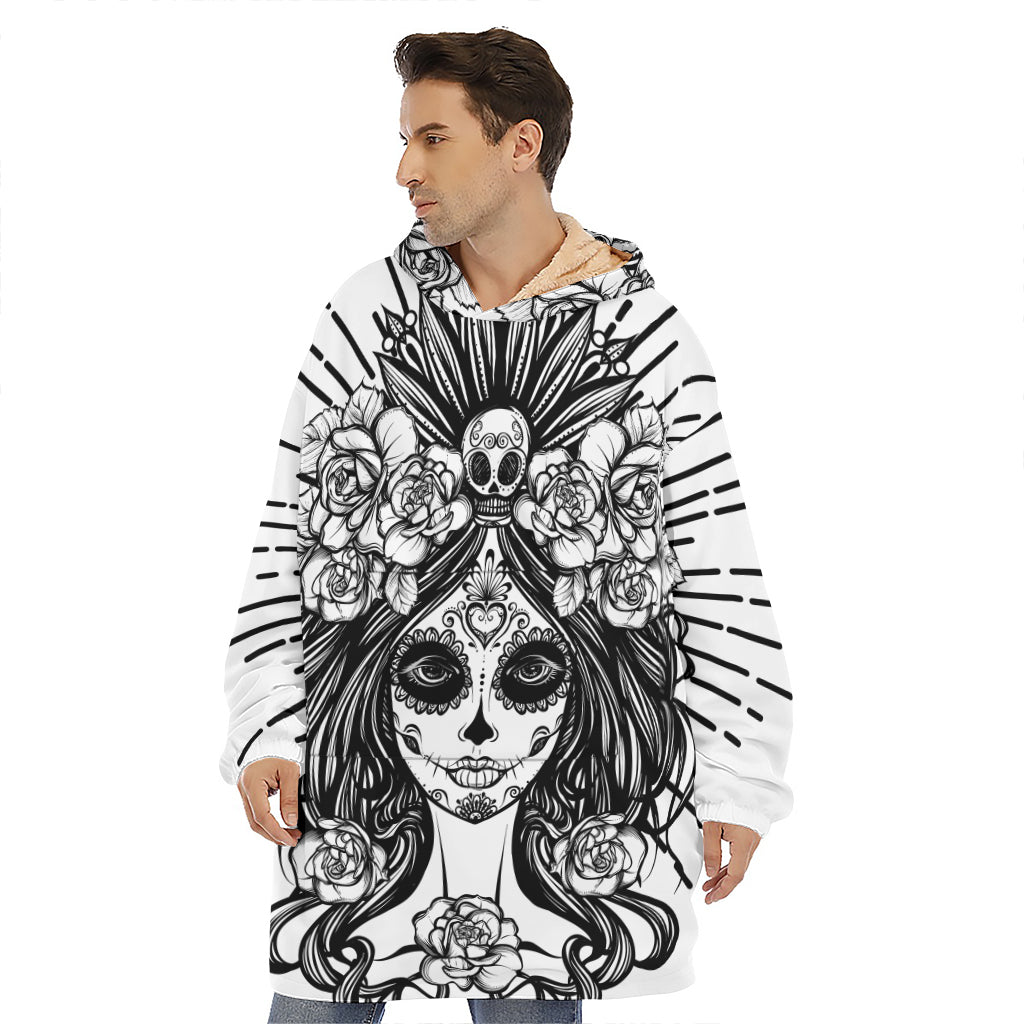 Black And White Calavera Girl Print Hoodie Blanket