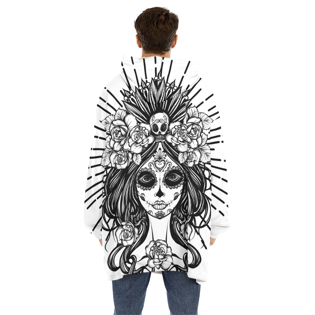 Black And White Calavera Girl Print Hoodie Blanket