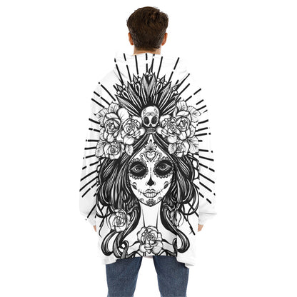 Black And White Calavera Girl Print Hoodie Blanket