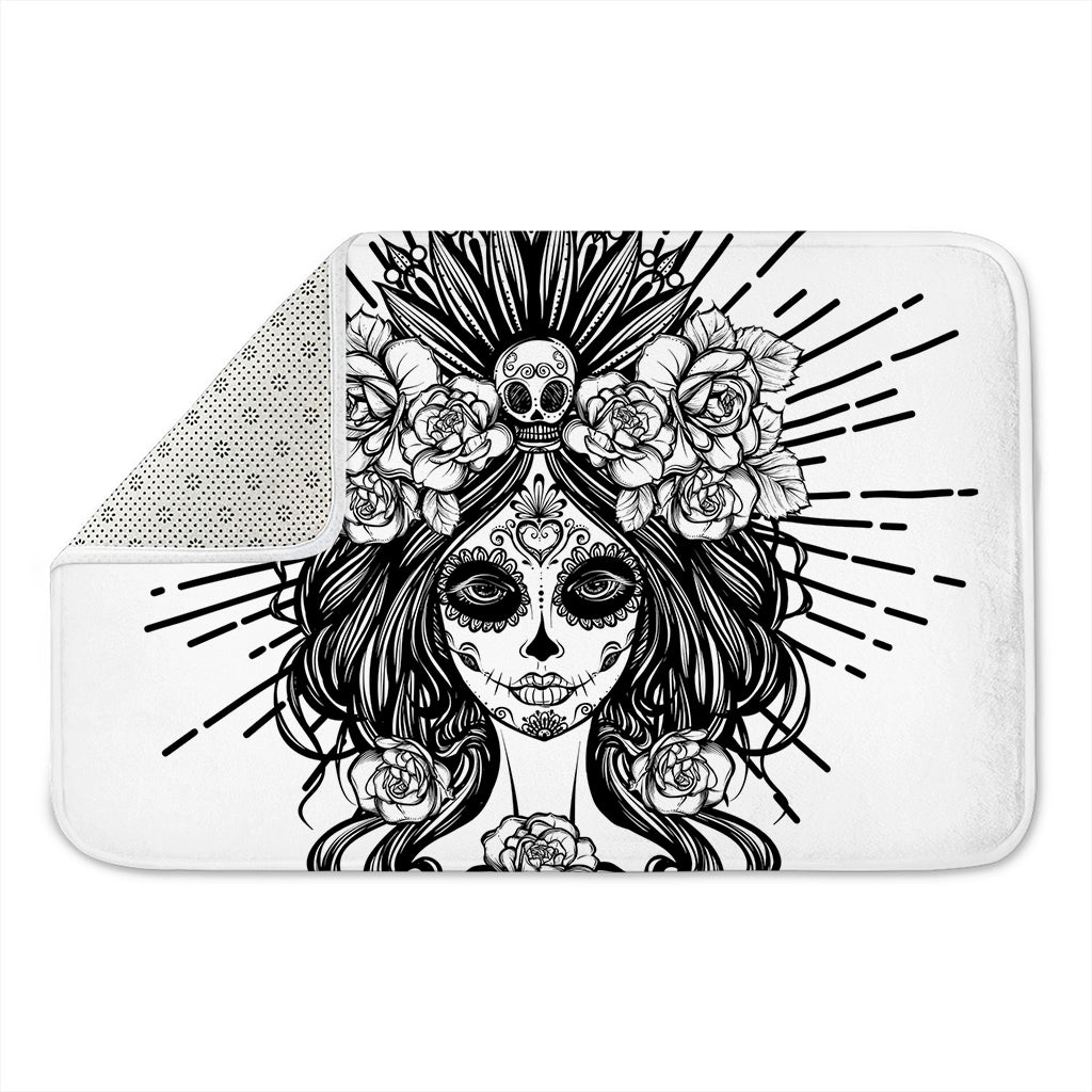 Black And White Calavera Girl Print Indoor Door Mat