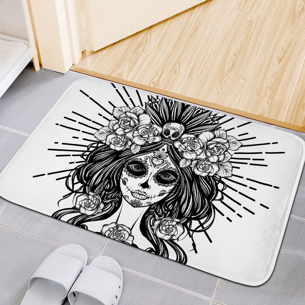 Black And White Calavera Girl Print Indoor Door Mat