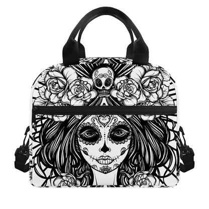 Black And White Calavera Girl Print Insulated Lunch Bag