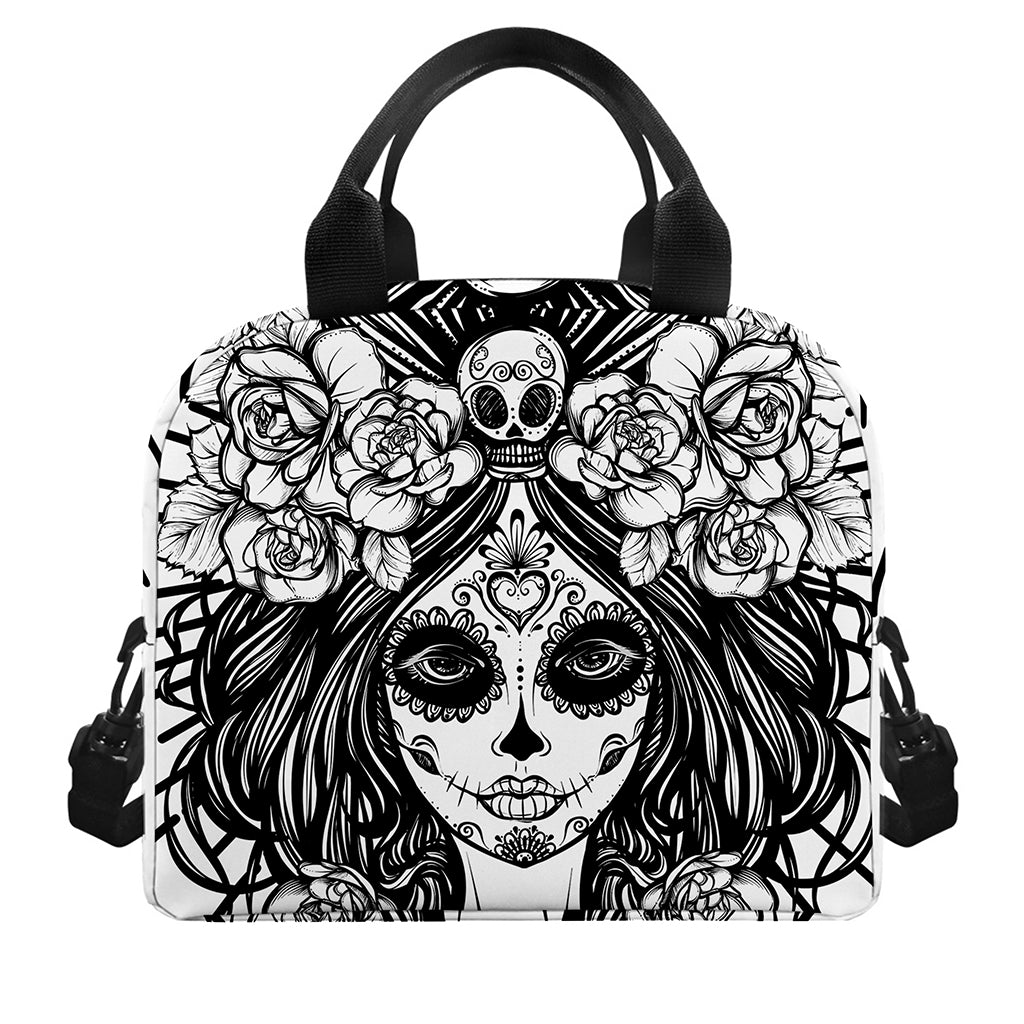 Black And White Calavera Girl Print Insulated Lunch Bag