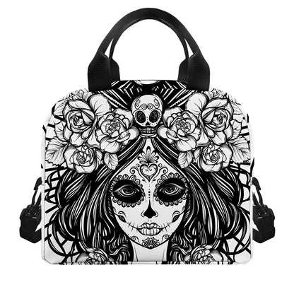 Black And White Calavera Girl Print Insulated Lunch Bag