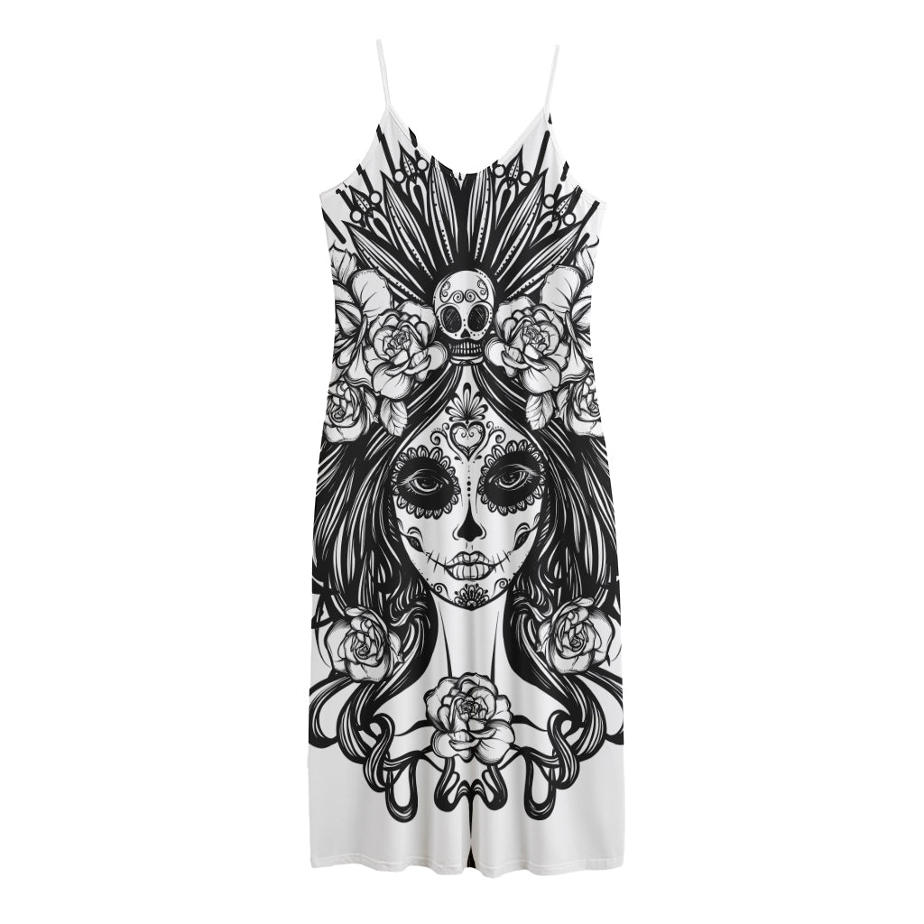 Black And White Calavera Girl Print Jersey Midi Cami Dress