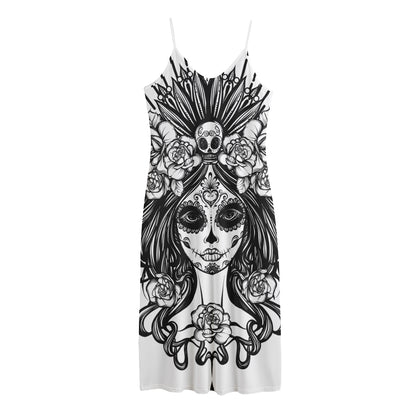 Black And White Calavera Girl Print Jersey Midi Cami Dress