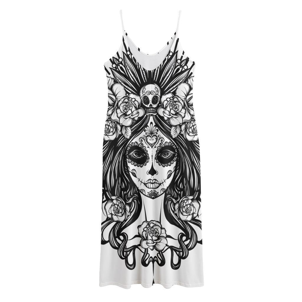 Black And White Calavera Girl Print Jersey Midi Cami Dress