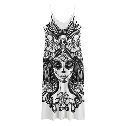 Black And White Calavera Girl Print Jersey Midi Cami Dress