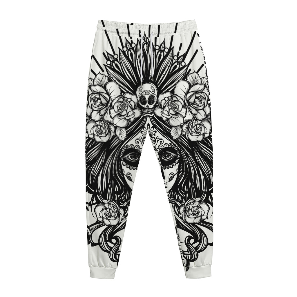 Black And White Calavera Girl Print Jogger Pants