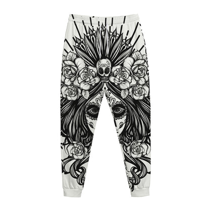 Black And White Calavera Girl Print Jogger Pants