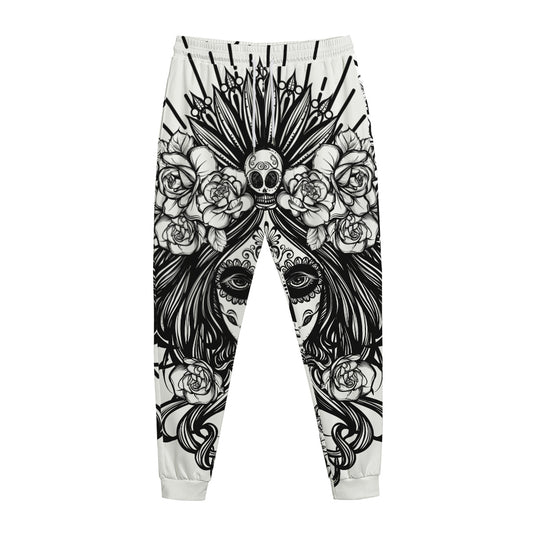 Black And White Calavera Girl Print Jogger Pants