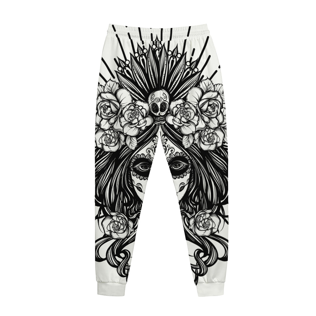 Black And White Calavera Girl Print Jogger Pants