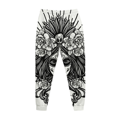 Black And White Calavera Girl Print Jogger Pants