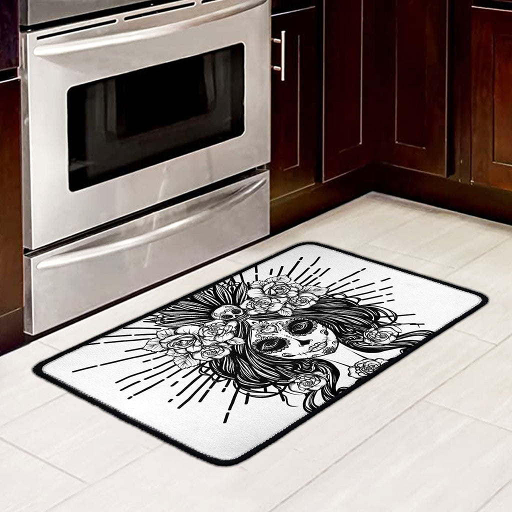 Black And White Calavera Girl Print Kitchen Mat