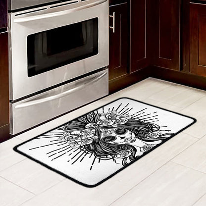 Black And White Calavera Girl Print Kitchen Mat