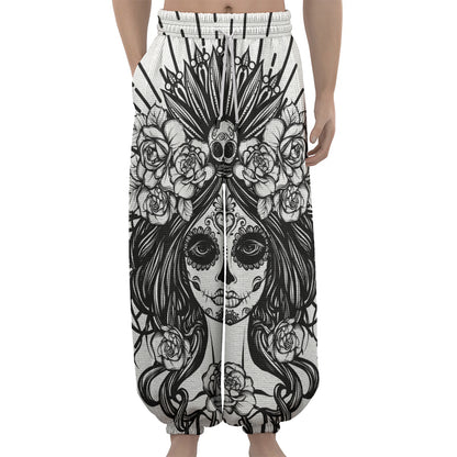 Black And White Calavera Girl Print Lantern Pants
