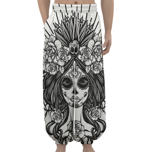 Black And White Calavera Girl Print Lantern Pants