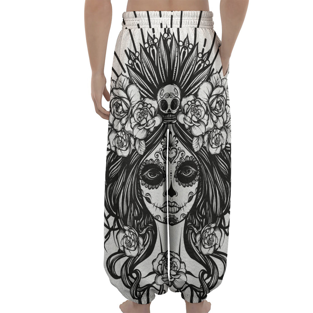 Black And White Calavera Girl Print Lantern Pants