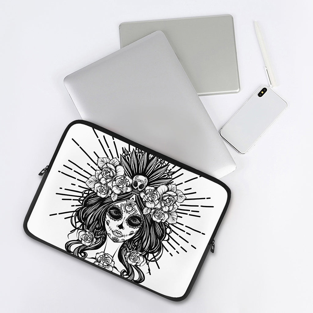 Black And White Calavera Girl Print Laptop Sleeve