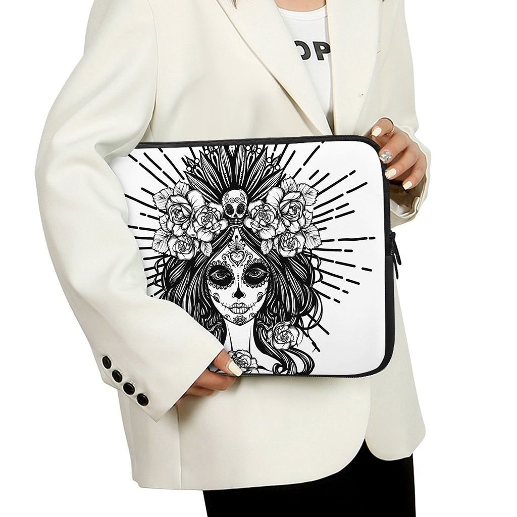 Black And White Calavera Girl Print Laptop Sleeve