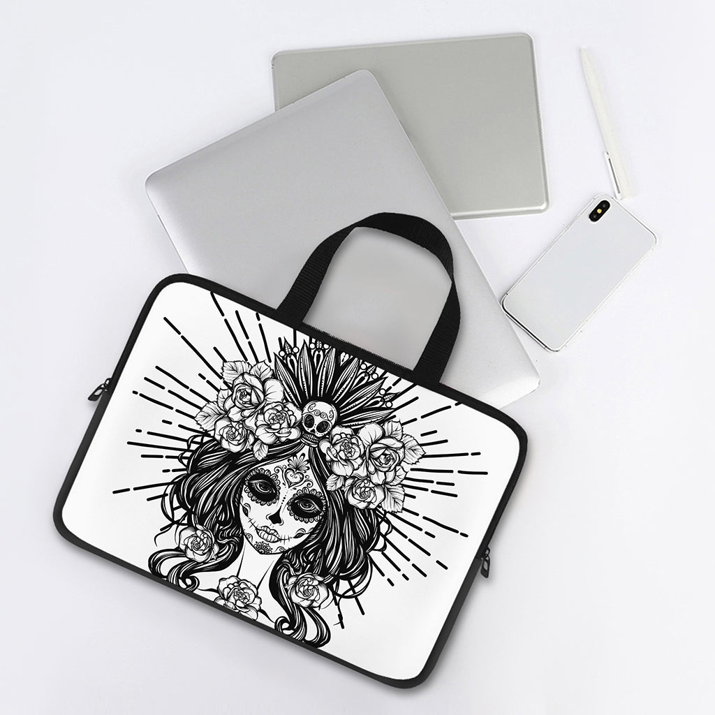 Black And White Calavera Girl Print Laptop Sleeve With Handle