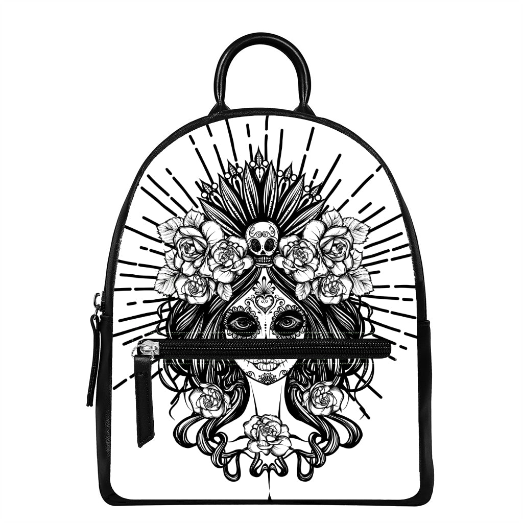 Black And White Calavera Girl Print Leather Backpack