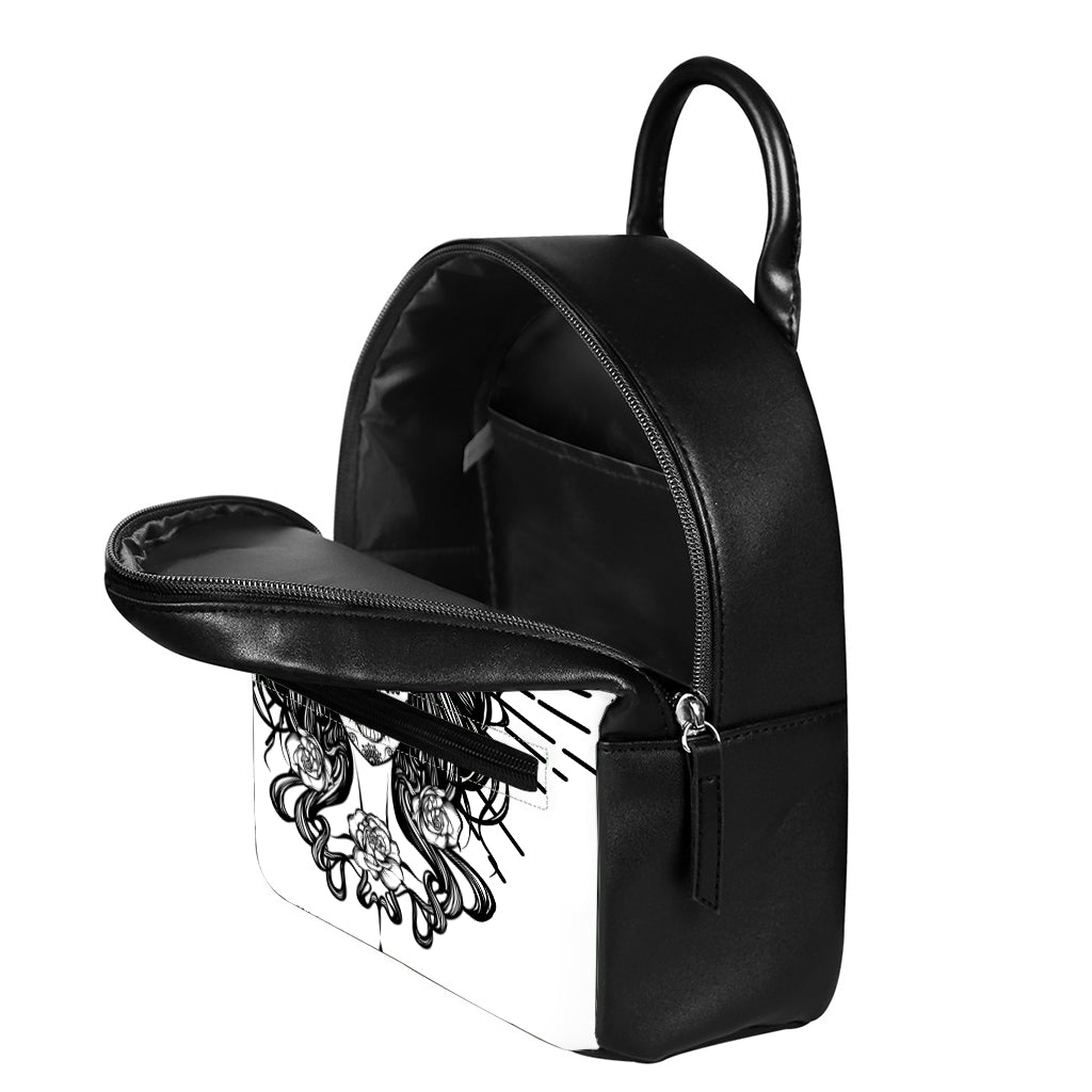 Black And White Calavera Girl Print Leather Backpack