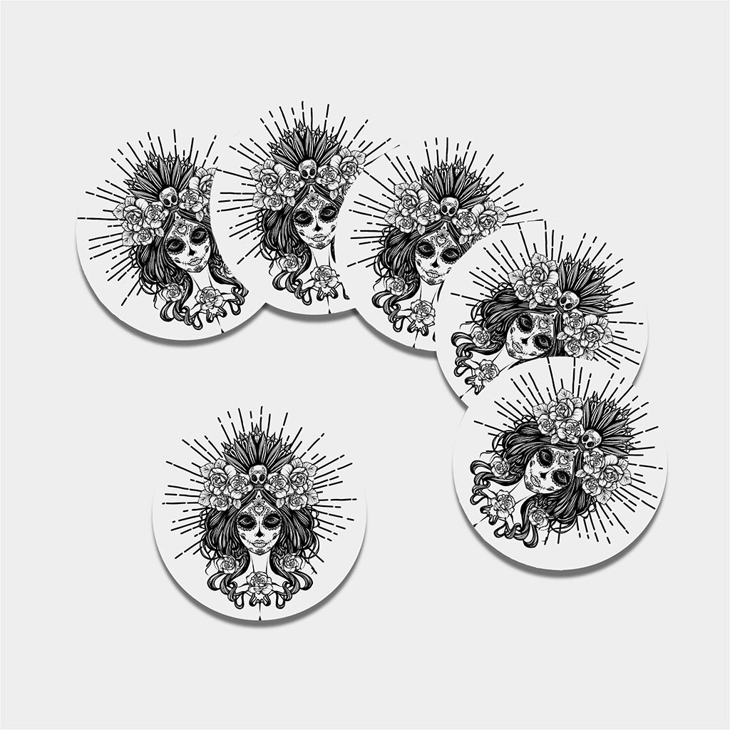 Black And White Calavera Girl Print Leather Coaster Set