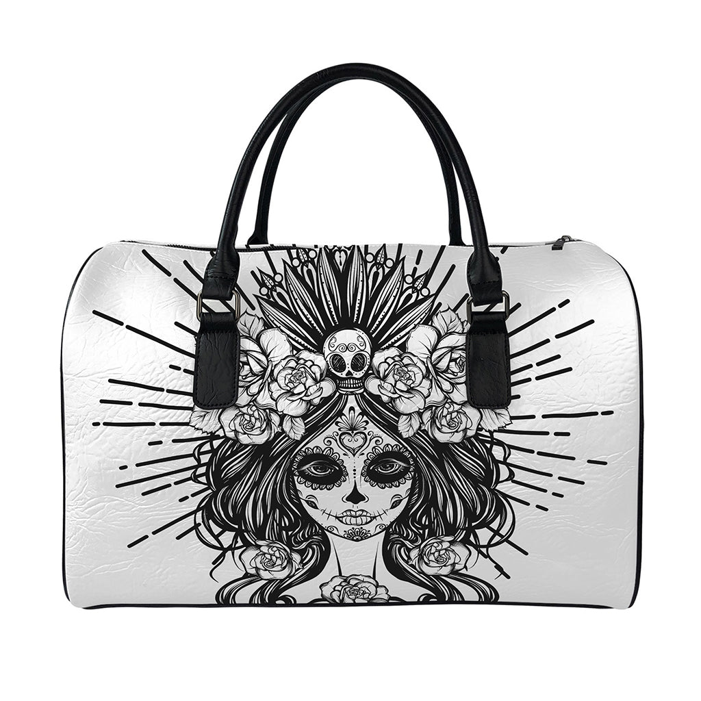 Black And White Calavera Girl Print Leather Duffle Bag