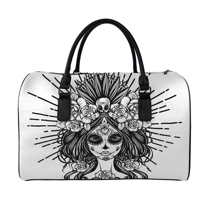 Black And White Calavera Girl Print Leather Duffle Bag
