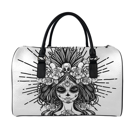 Black And White Calavera Girl Print Leather Duffle Bag