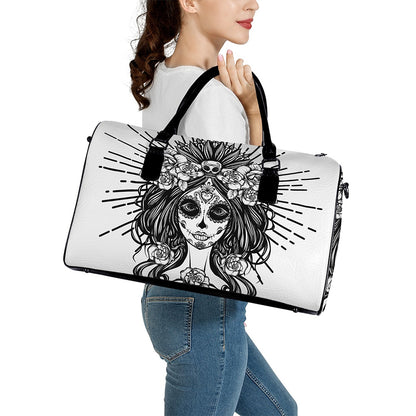 Black And White Calavera Girl Print Leather Duffle Bag