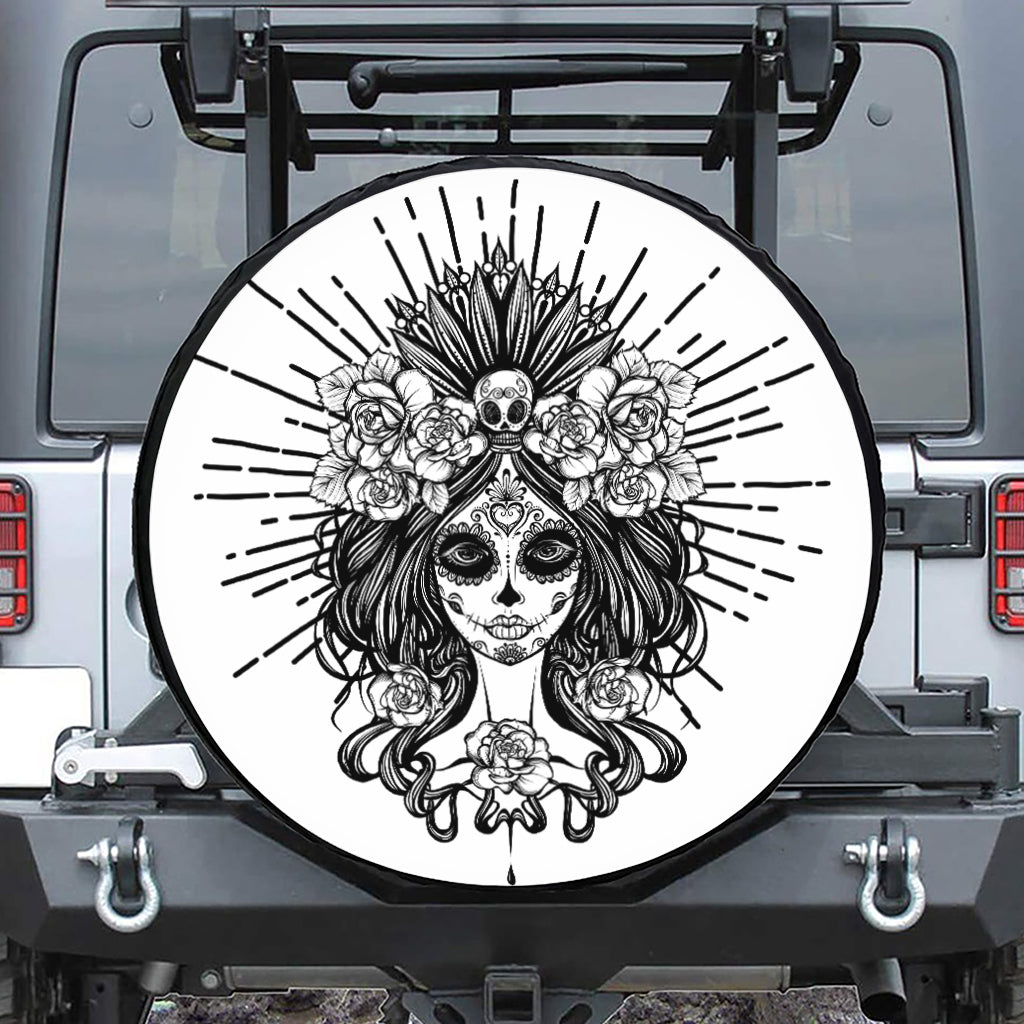 Black And White Calavera Girl Print Leather Spare Tire Cover
