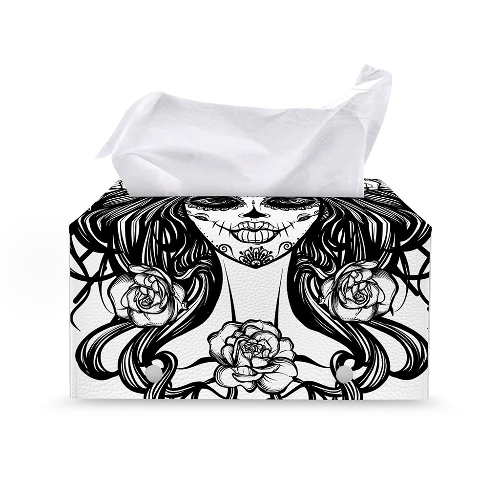 Black And White Calavera Girl Print Leather Tissue Box Cover