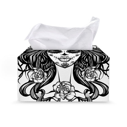 Black And White Calavera Girl Print Leather Tissue Box Cover