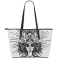 Black And White Calavera Girl Print Leather Tote Bag With Zipper