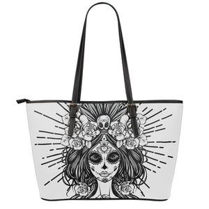 Black And White Calavera Girl Print Leather Tote Bag