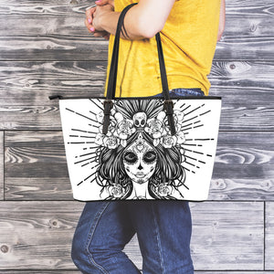 Black And White Calavera Girl Print Leather Tote Bag