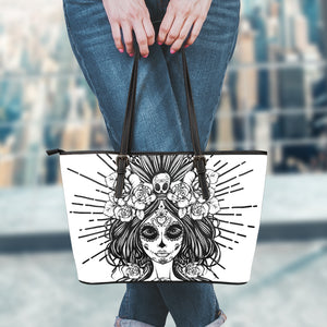 Black And White Calavera Girl Print Leather Tote Bag